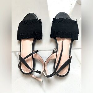 Maje Black Ruffle Suede Sandals Flats